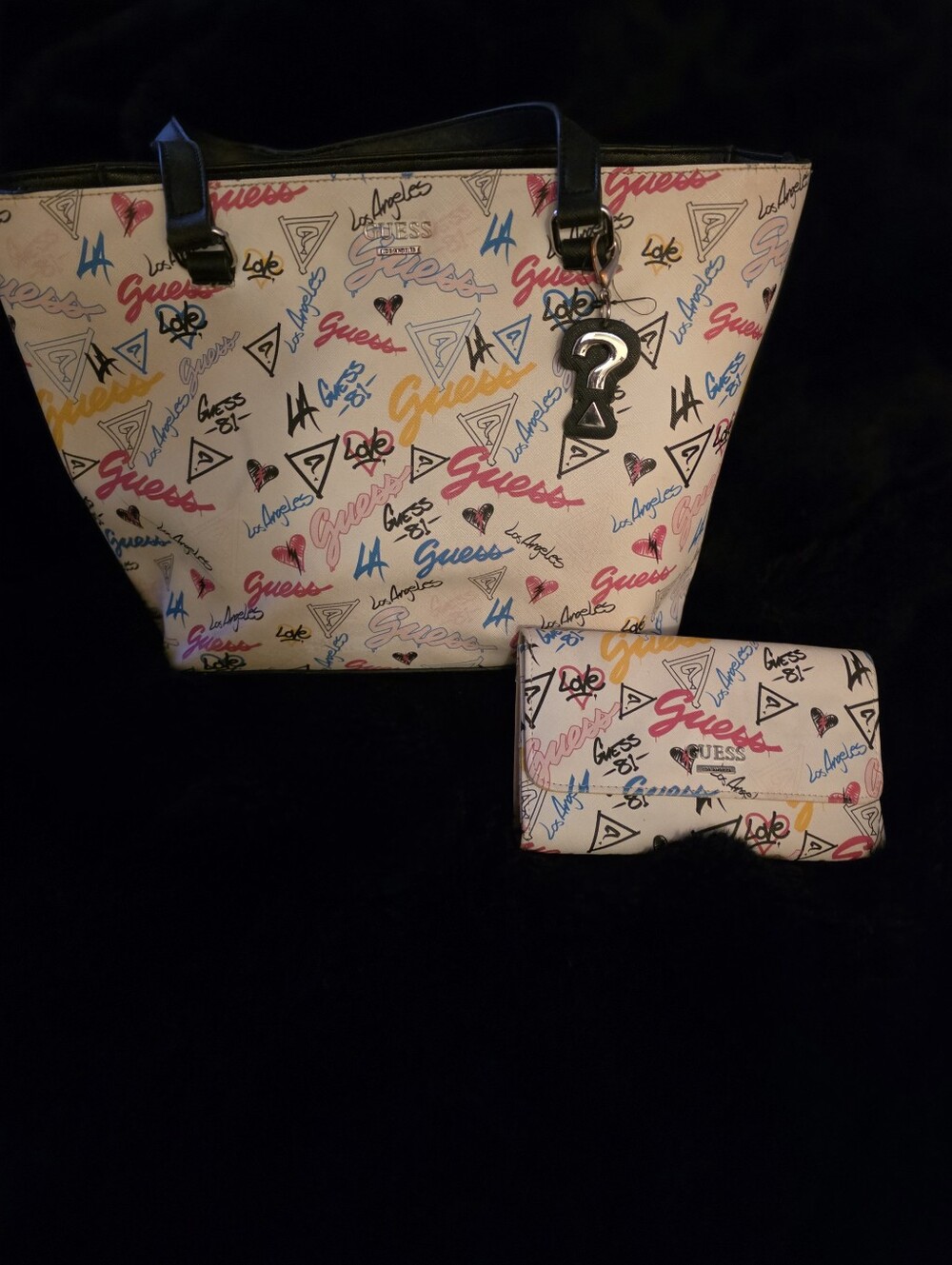 GUESS White Multicolor Logo Graffiti Tote with Matching Wallet
